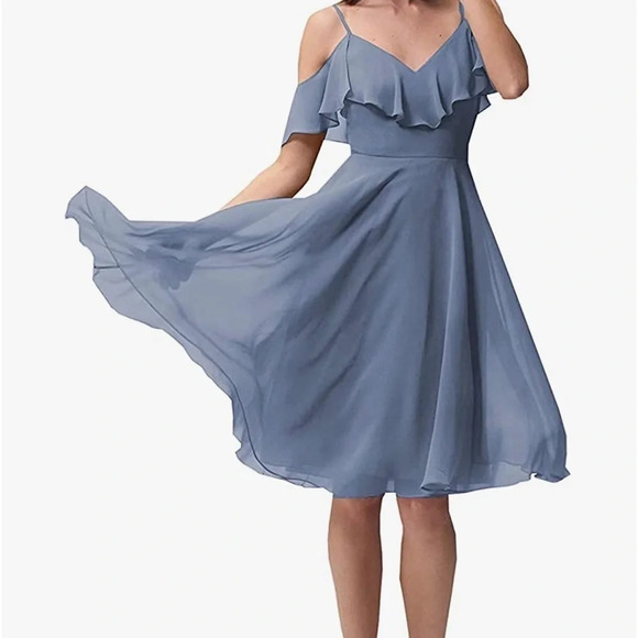 Jenny Yoo Dresses & Skirts - Jenny Yoo Dusty Periwinkle Blue Mini Off-the-Shoulder Bridesmaid Dress Size 6
